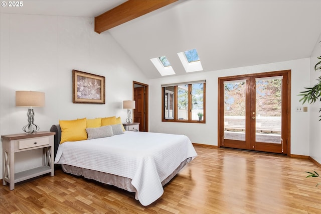 bedroom with baseboards, light wood-style flooring, beamed ceiling, access to exterior, and high vaulted ceiling