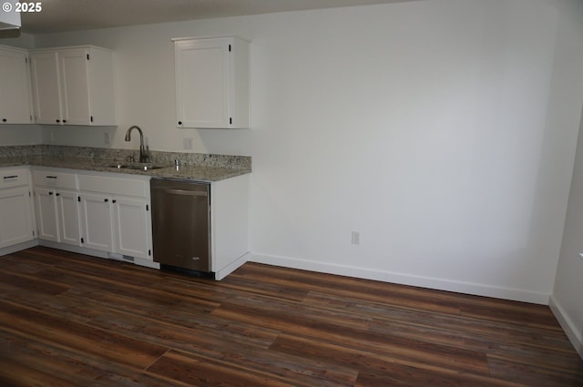 kitchen with a sink, dark wood-style floors, white cabinets, and stainless steel dishwasher