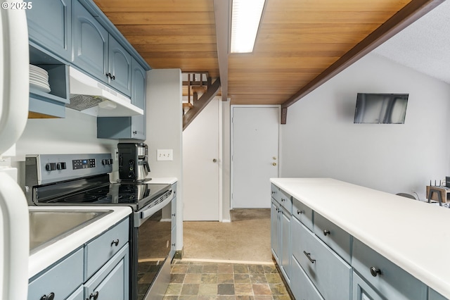 kitchen with vaulted ceiling, blue cabinetry, wooden ceiling, and stainless steel range with electric stovetop