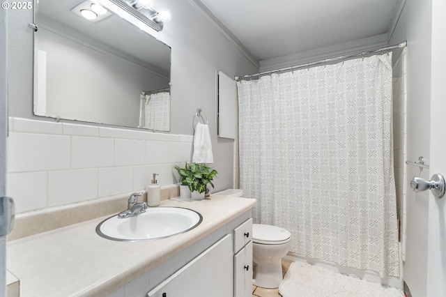 bathroom featuring tasteful backsplash, vanity, tile walls, and toilet