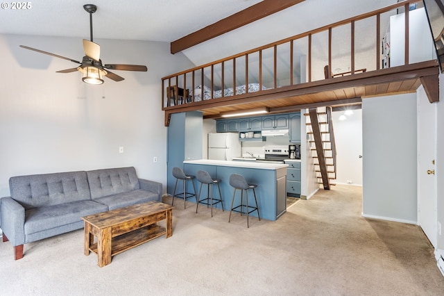 living area featuring vaulted ceiling with beams, light colored carpet, a ceiling fan, baseboards, and stairs