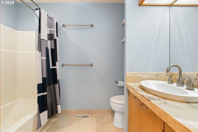 full bathroom with tile patterned flooring, vanity, shower / tub combo with curtain, and toilet