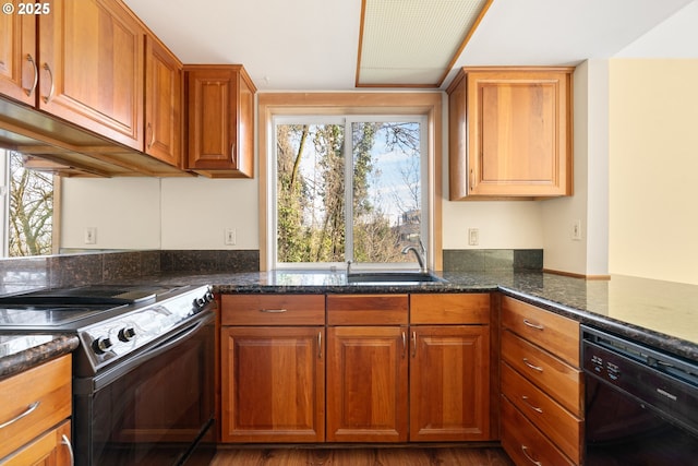 kitchen featuring sink, kitchen peninsula, dark stone counters, hardwood / wood-style floors, and black appliances