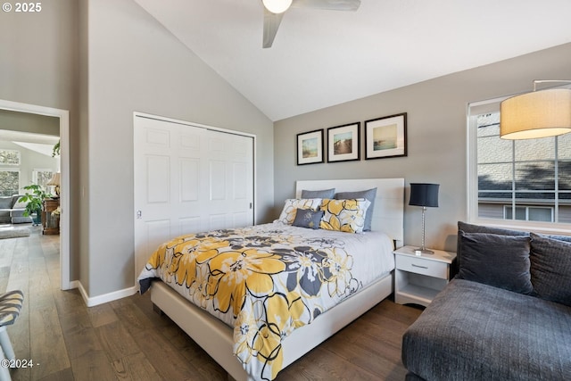 465 SW Edgewater, Depoe Bay, OR 97341 - bedroom with high vaulted ceiling, dark wood finished floors, a closet, baseboards, and a ceiling fan