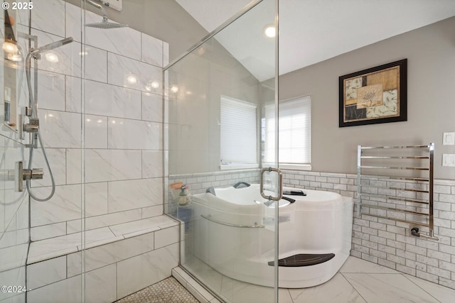 465 SW Edgewater, Depoe Bay, OR 97341 - full bath with tile walls, a shower stall, vaulted ceiling, and wainscoting