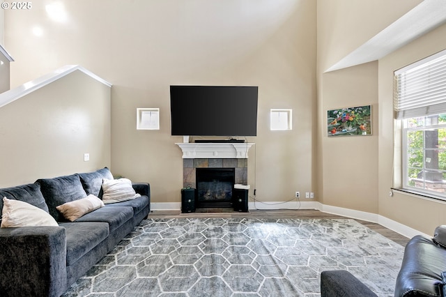 3647 Lodenquai Ln, Eugene, OR 97404 - living area featuring wood finished floors, a fireplace, baseboards, and a high ceiling
