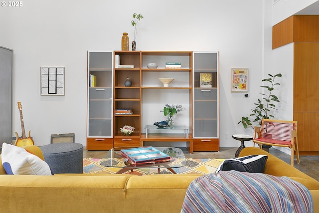 living area featuring concrete floors