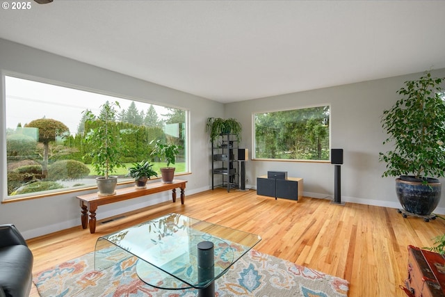 living room featuring a wealth of natural light, baseboards, and wood finished floors