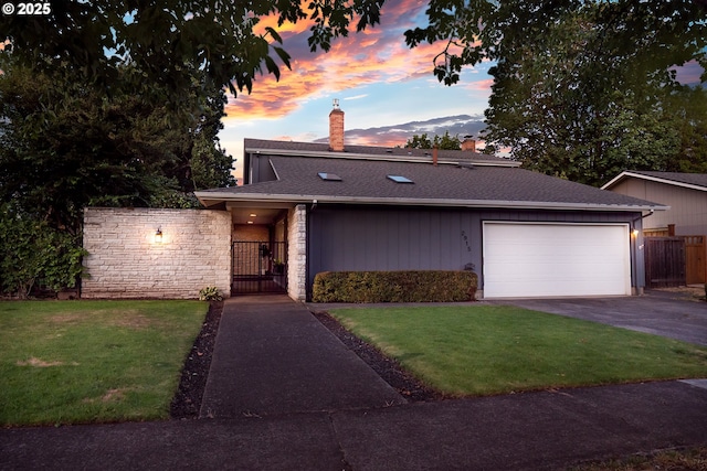 2915 Chuckanut St, Eugene, OR 97408 - mid-century inspired home featuring a chimney, driveway, a garage, a gate, and stone siding