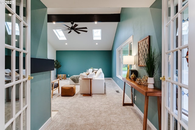 2915 Chuckanut St, Eugene, OR 97408 - carpeted bedroom featuring french doors, a skylight, and high vaulted ceiling