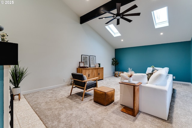 2915 Chuckanut St, Eugene, OR 97408 - living area with a skylight, high vaulted ceiling, beam ceiling, ceiling fan, and carpet