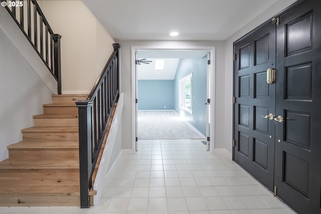 2915 Chuckanut St, Eugene, OR 97408 - entryway featuring stairs, a ceiling fan, recessed lighting, and light carpet