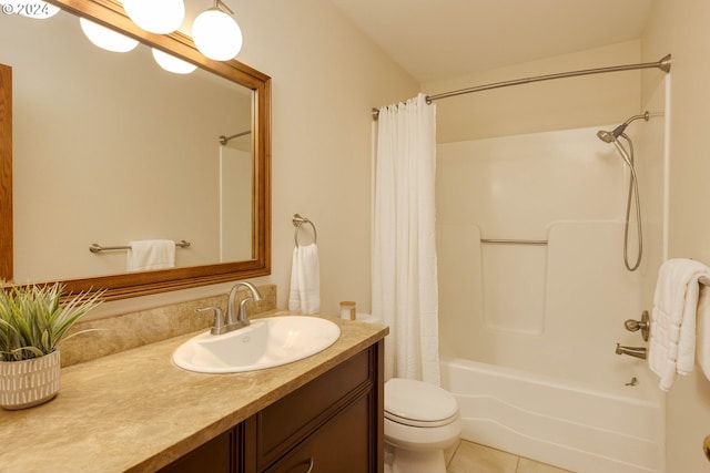 full bathroom with tile patterned flooring, shower / bathtub combination with curtain, vanity, and toilet