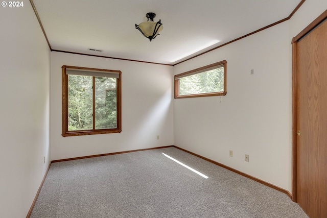 empty room with ornamental molding, a wealth of natural light, visible vents, and carpet floors