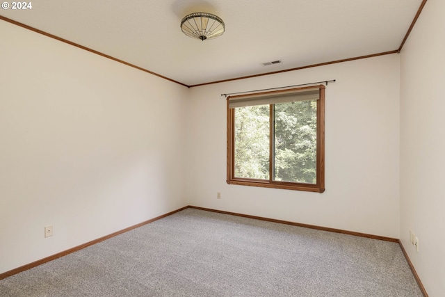 unfurnished room with crown molding, baseboards, and carpet flooring