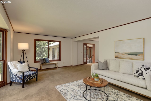 living area with light carpet, ornamental molding, and baseboards