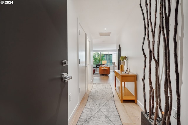 hall featuring visible vents, light wood-type flooring, and baseboards