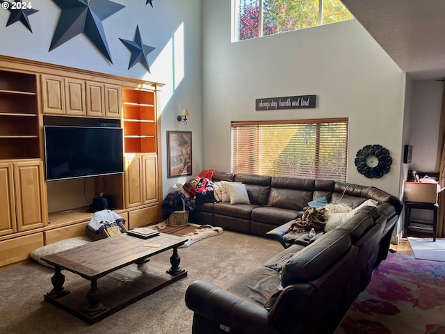 living room with high vaulted ceiling and carpet flooring