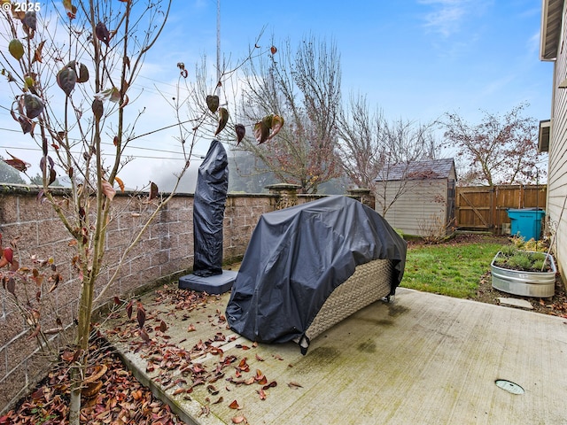 view of patio featuring a storage unit