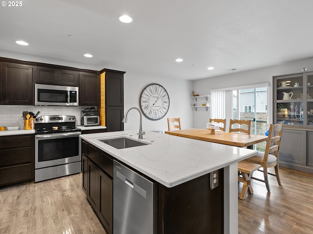 kitchen with sink, a kitchen island with sink, decorative backsplash, appliances with stainless steel finishes, and light wood-type flooring