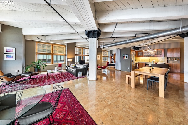 dining room featuring wood ceiling, a chandelier, and lofted ceiling with beams