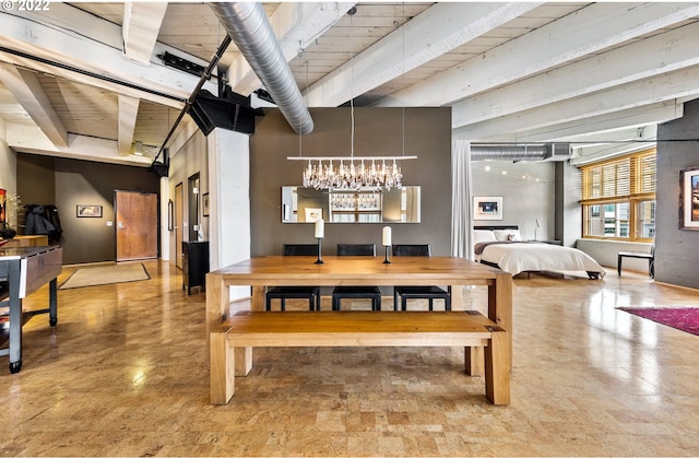 dining room featuring wood ceiling, an inviting chandelier, and beamed ceiling