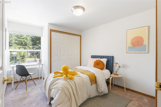 bedroom featuring carpet floors, a closet, and baseboards