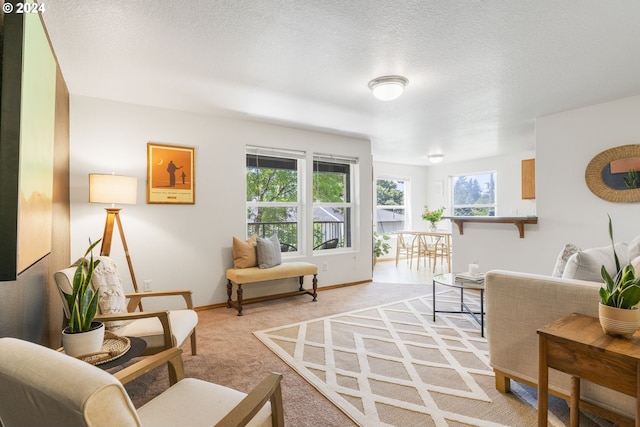 living room featuring a textured ceiling, baseboards, and light colored carpet