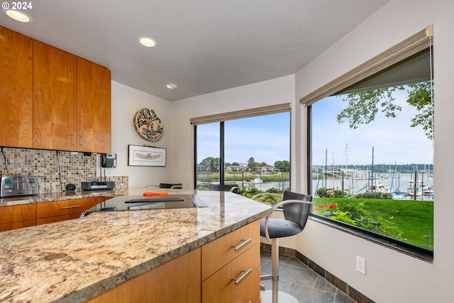 kitchen with decorative backsplash, a water view, and light stone countertops