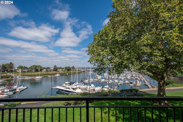 property view of water featuring a boat dock