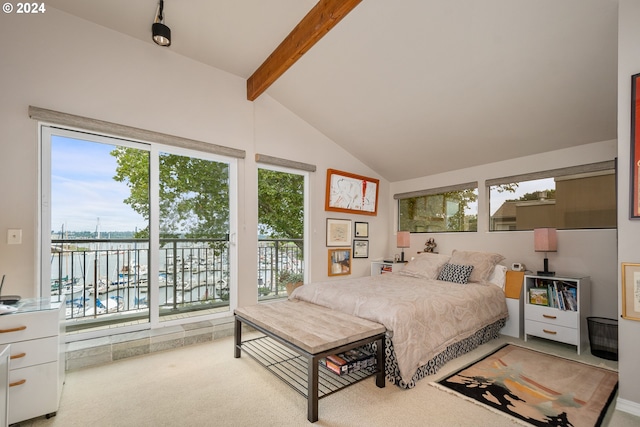 carpeted bedroom featuring lofted ceiling with beams, access to outside, and a water view