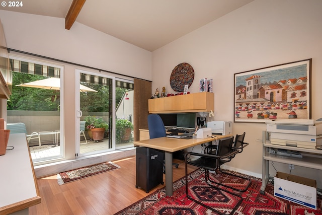 office area with beamed ceiling and hardwood / wood-style flooring