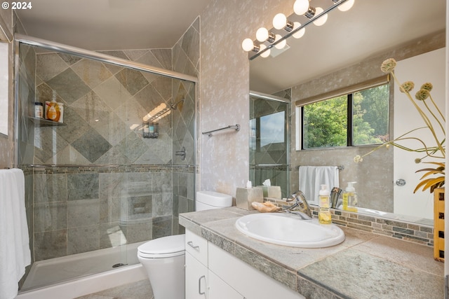 bathroom featuring an enclosed shower, vanity, and toilet