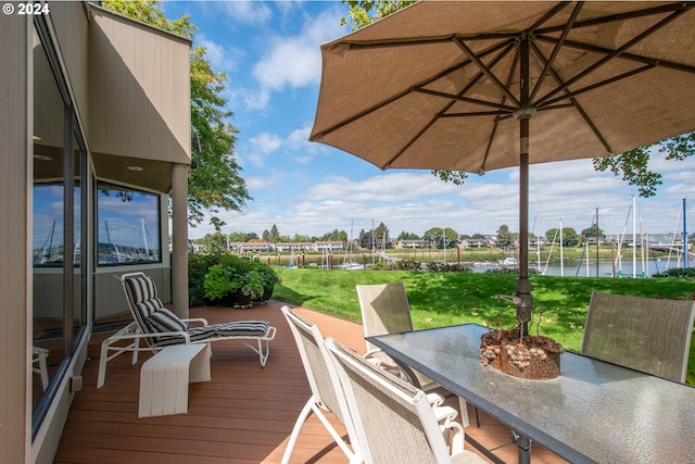 wooden deck featuring a water view and a lawn