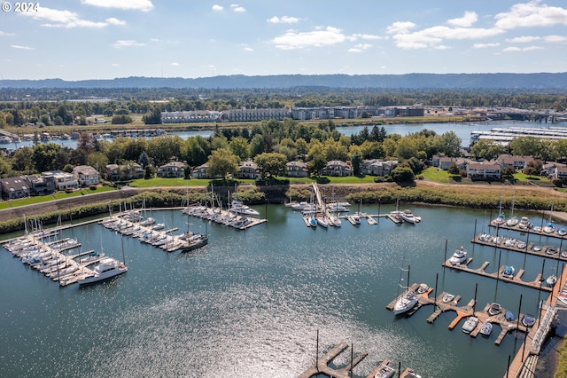 drone / aerial view with a water and mountain view