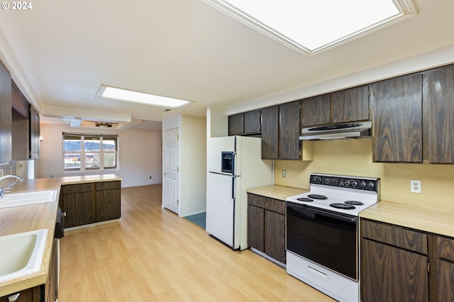 kitchen featuring light wood-type flooring, dark brown cabinets, white appliances, and sink