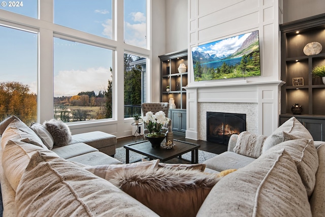 living room with built in features, a towering ceiling, hardwood / wood-style floors, and plenty of natural light