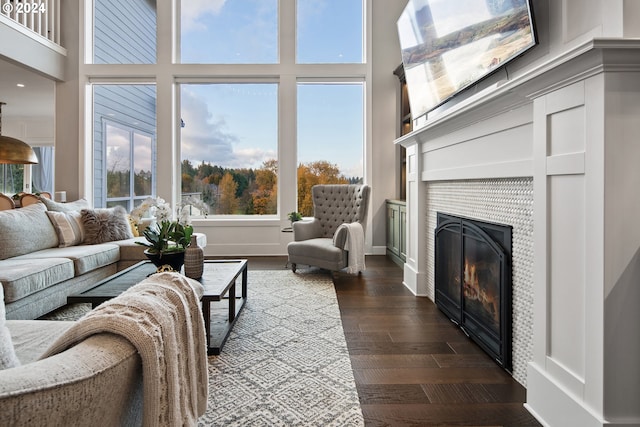 living room featuring dark hardwood / wood-style flooring and a towering ceiling