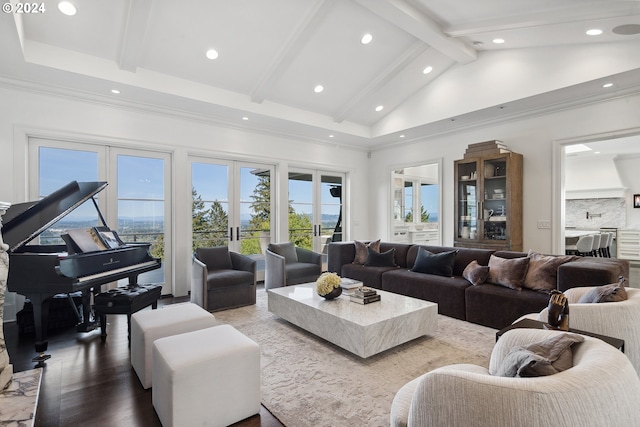 living room with french doors, crown molding, high vaulted ceiling, beamed ceiling, and hardwood / wood-style floors