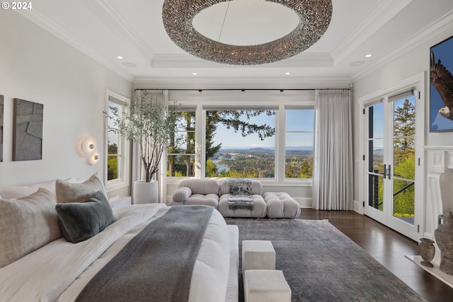 bedroom featuring crown molding, access to exterior, dark hardwood / wood-style floors, and a raised ceiling