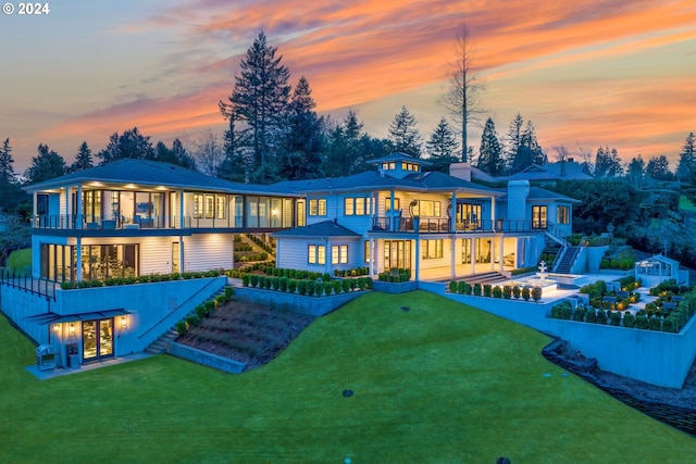 back house at dusk with a balcony and a yard