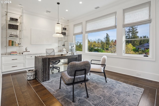 office space featuring ornamental molding and dark hardwood / wood-style flooring