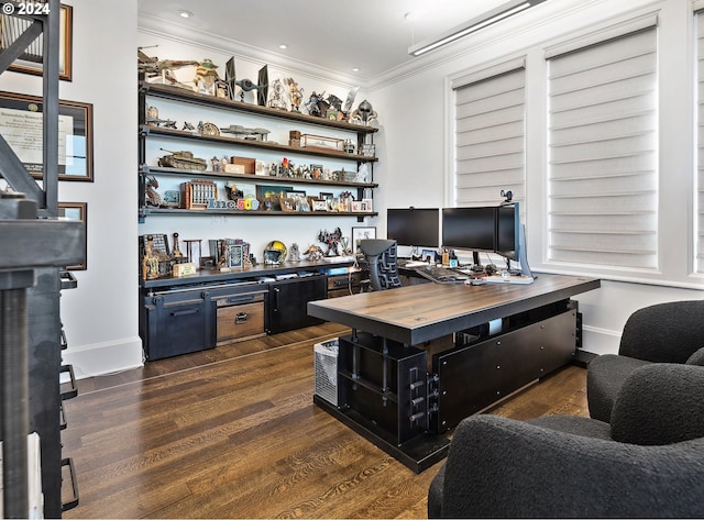 office area with crown molding and dark hardwood / wood-style flooring