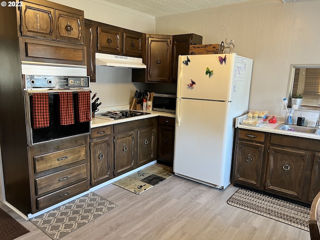 kitchen featuring white fridge, light hardwood / wood-style floors, wall oven, dark brown cabinets, and sink