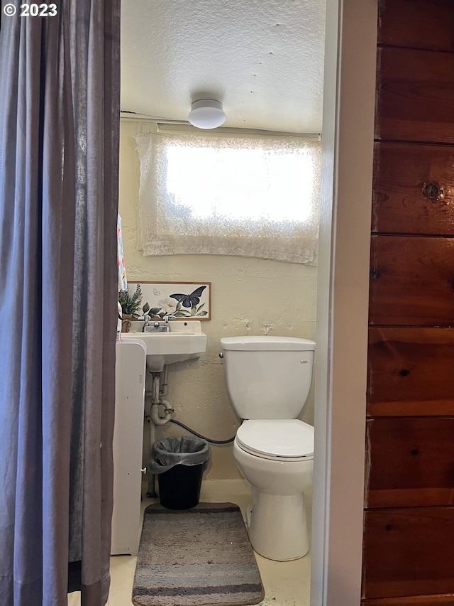 bathroom with toilet, a textured ceiling, and sink