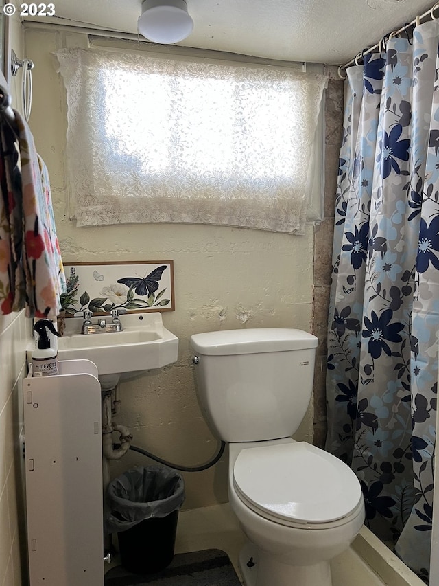 bathroom with toilet, sink, and a shower with curtain