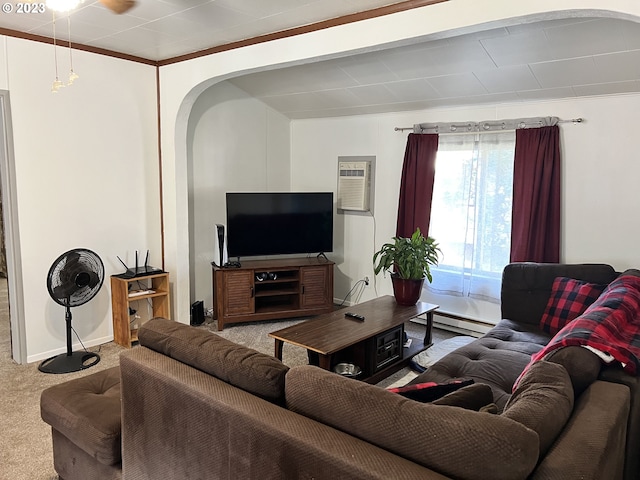 living room with a wall unit AC, a baseboard radiator, carpet flooring, and crown molding