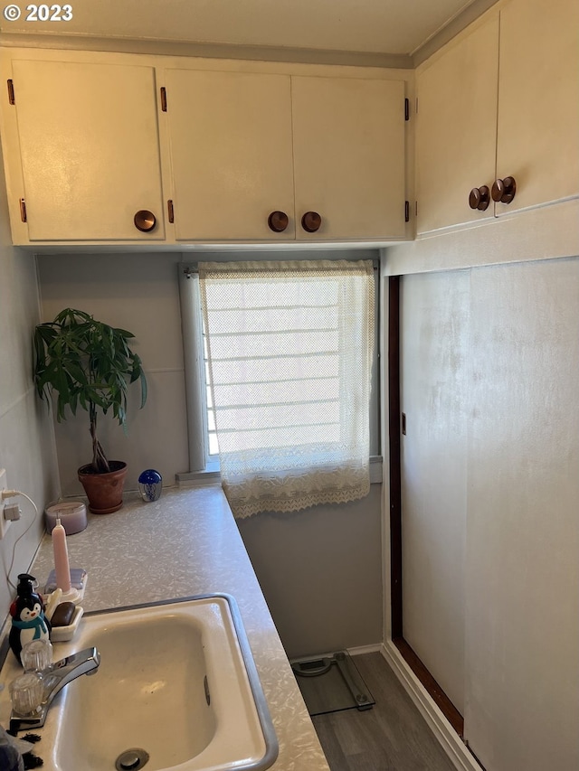 interior space with sink, dark hardwood / wood-style floors, and white cabinetry