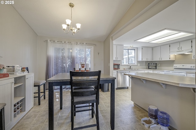 kitchen featuring white electric range, stainless steel dishwasher, white cabinets, sink, and pendant lighting