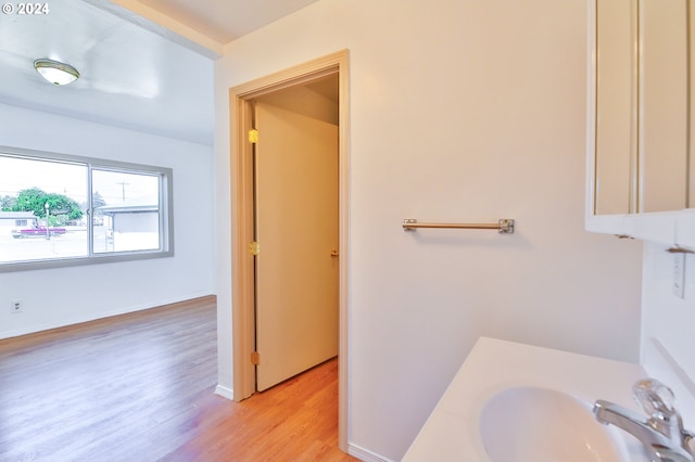 bathroom with wood finished floors, baseboards, and a sink